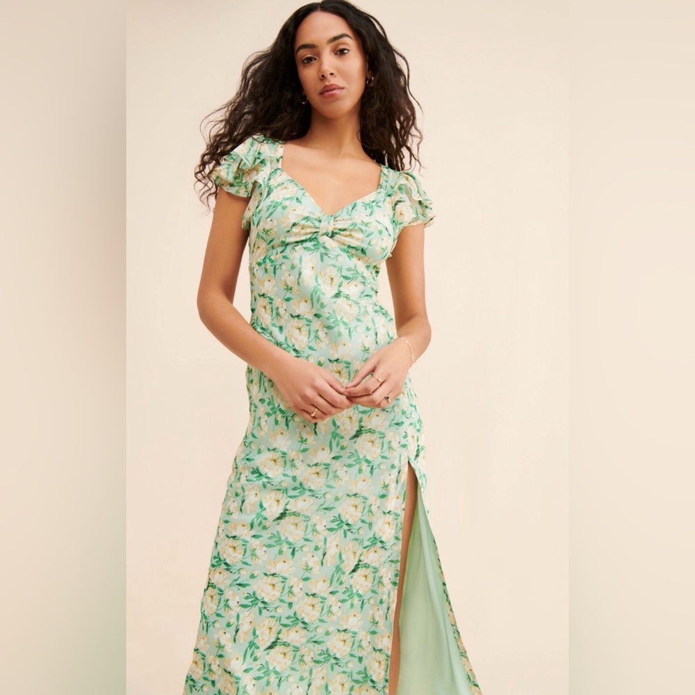 ASTR the Label Anthroplogie Missy Green Floral Flowy Midi Dress with Slit - L